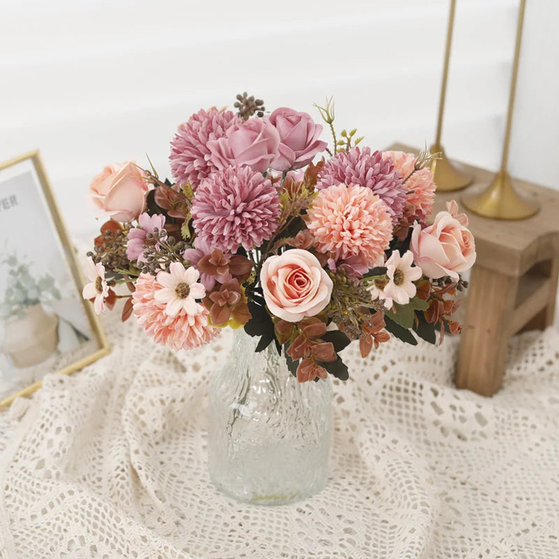 Rose Artificial Dandelion Flowers Bridal Bouquet Fake Floral Garden Wedding Party Living Room Home Table Autumn Christmas Decor