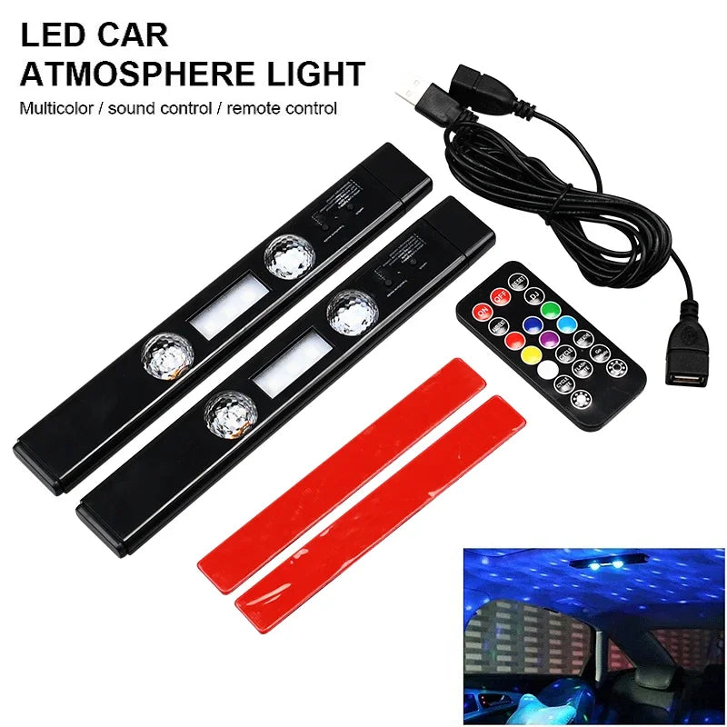 2-in-1 LED Car Starry Sky Atmosphere Lamp – USB RGB Roof Star Light with Remote & Wireless Ambient Party Light