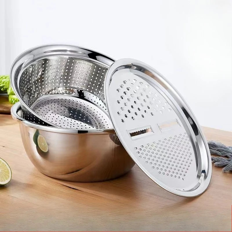 3-Piece Vegetable Slicer Set – Stainless Steel Slicer, Potato Grater & Washing Basin Drain Basket