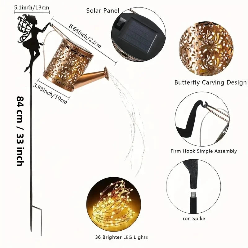 Solar Watering Can Garden Lights – Outdoor Waterfall String Fairy Lights with Kettle Projection