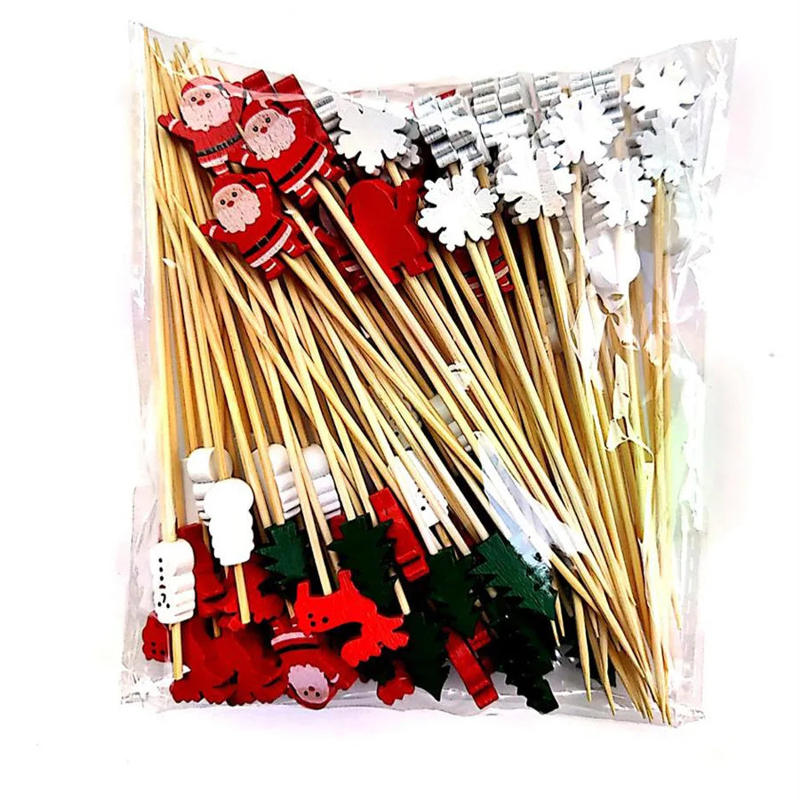 50/100pcs Christmas Fruit Sticks Disposable Bamboo Sticks Snowflake Christmas Tree Elk Santa Claus Snowman Sticks Xmas Ornaments