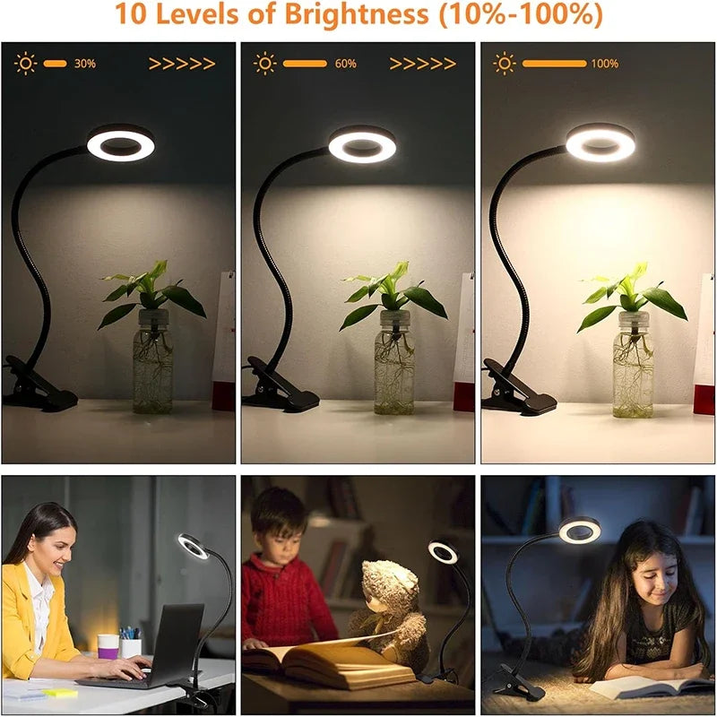 Reading Desk Lamp Bed Dimmable, 3 Modes & 10 Dimming Levels USB Clamp Lamps 360° Flexible Book Clip