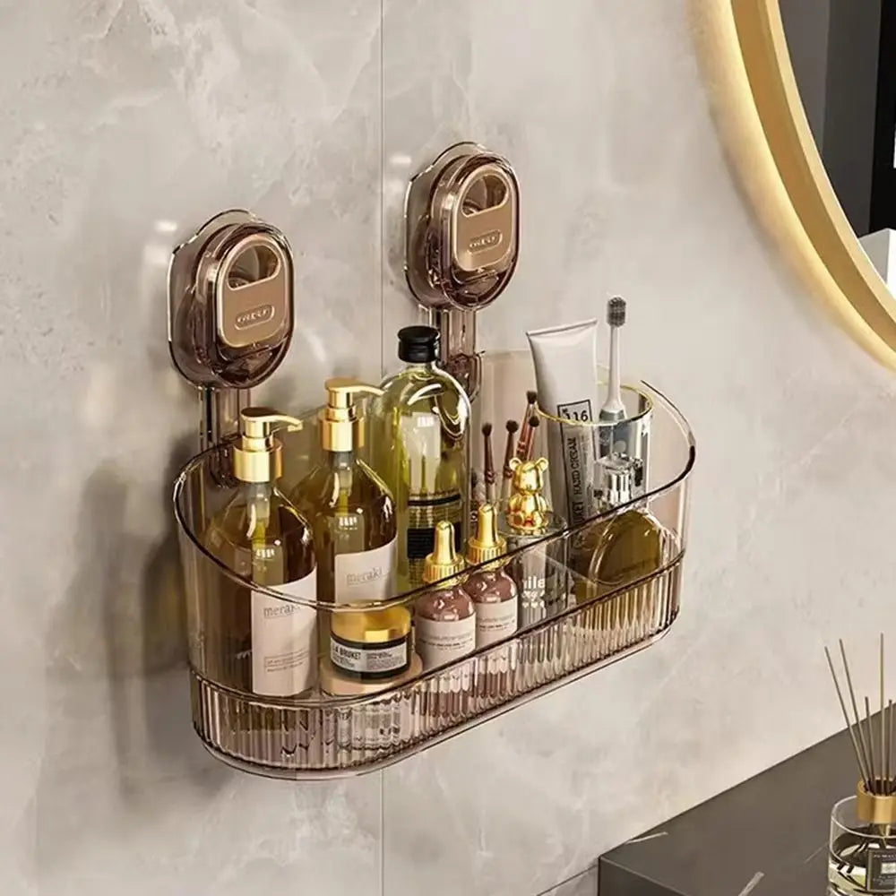 Transparent Suction Cup Makeup Organizer – No-Drill Wall Mounted Cosmetic Storage Box with Large Capacity
