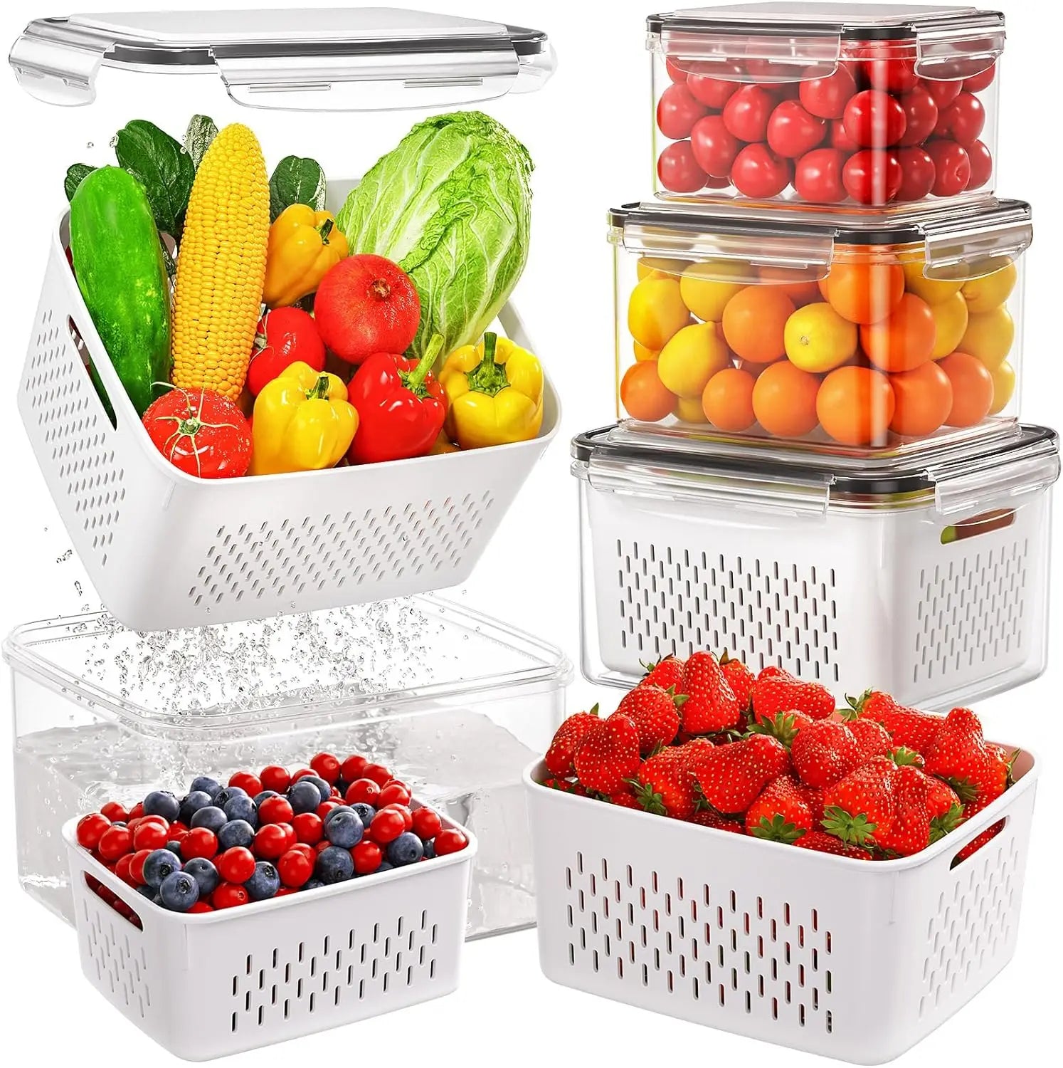 Fridge Fruit Storage Containers with Strainer Washing Bowl for Salad & Berries