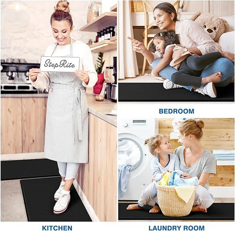 A44U Cushioned Anti Fatigue Kitchen Mats For Floor, Waterproof Kitchen Rug Set For Kitchen, Floor, Office, Black