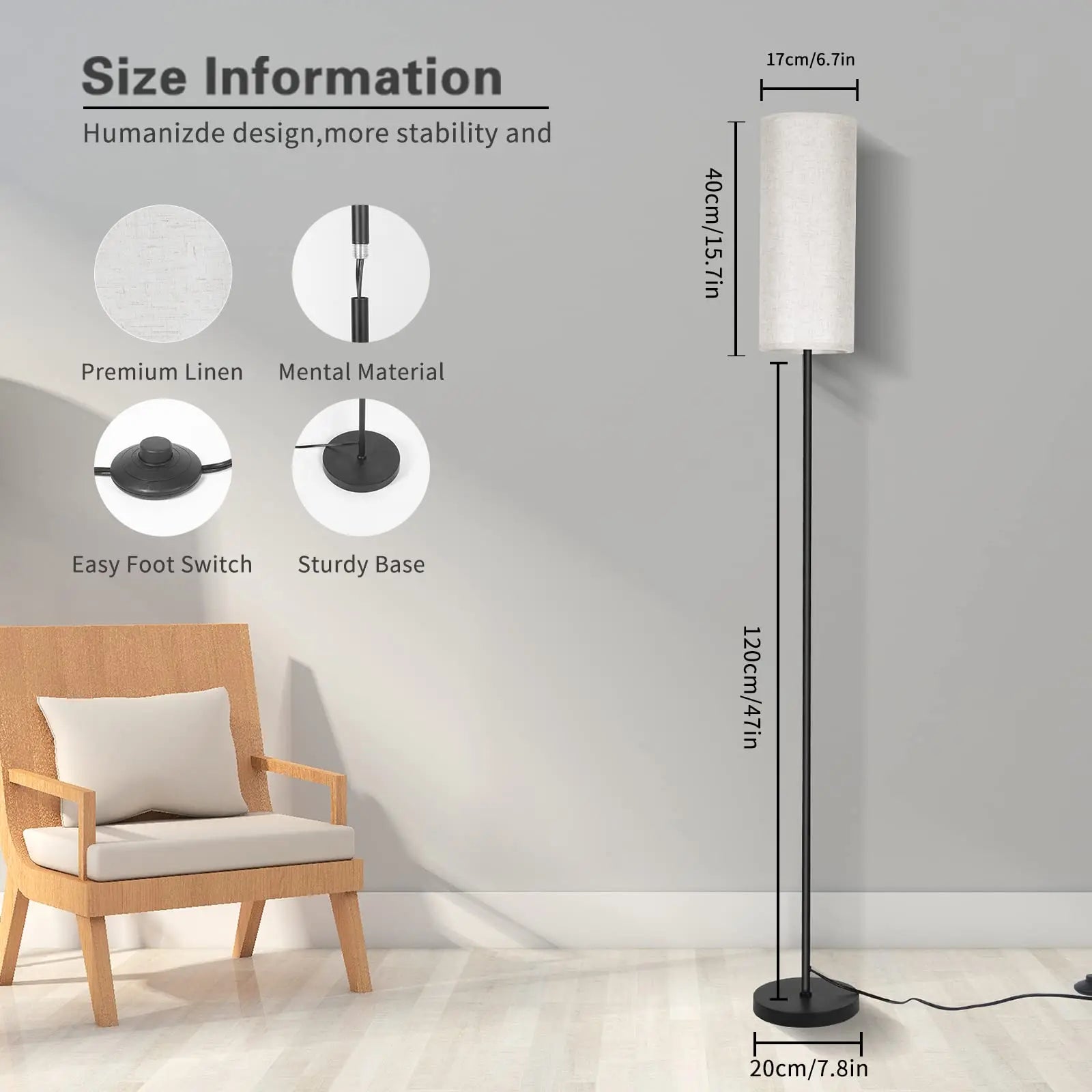 Modern Luxury Floor Lamp With Foot Switch Stepless Dimmer Tall Standing Lamp Fabric lampshade for Bedroom Living Room Office