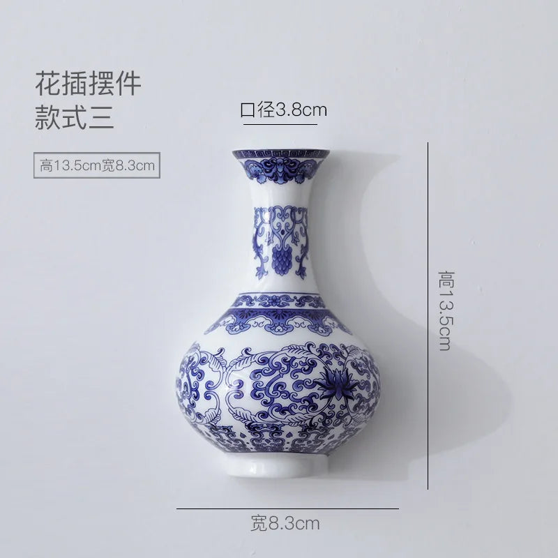 Ceramic vase, antique blue and white porcelain flower container, lucky bamboo, living room and home decoration, wall hanging