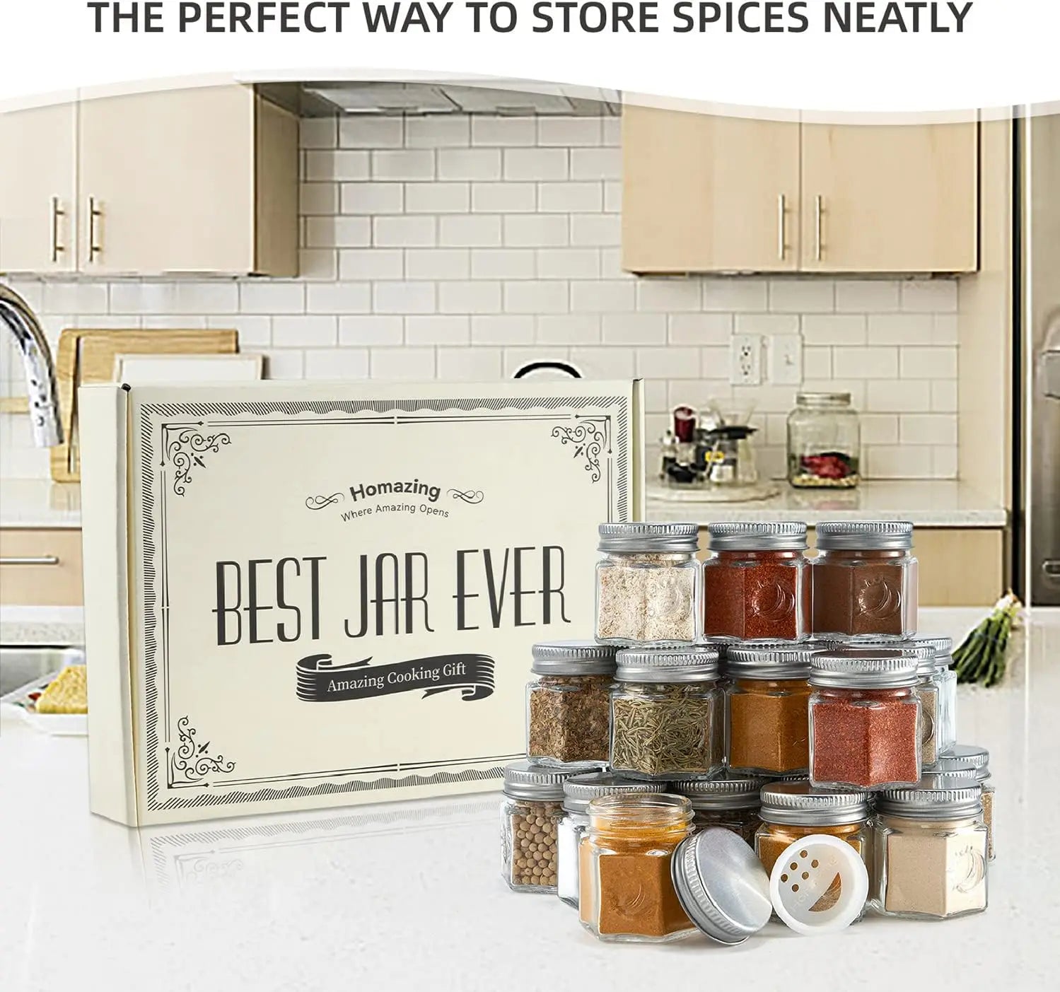 24 Hexagon Magnetic Glass Spice Jars with Shaker Lids and Labels for Kitchen, Fridge, RV