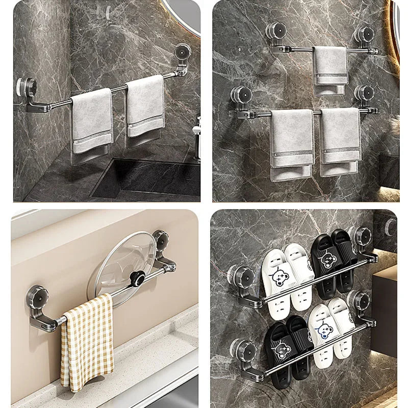 Retractable Suction Cup Wall Towel Rack no drilling Single Rod Towel Holder Kitchen Bathroom Organiser Shelf Accessories