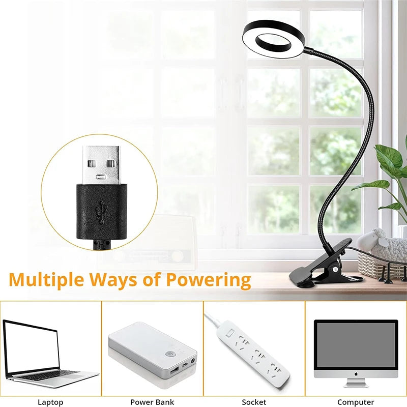 Reading Desk Lamp Bed Dimmable, 3 Modes & 10 Dimming Levels USB Clamp Lamps 360° Flexible Book Clip
