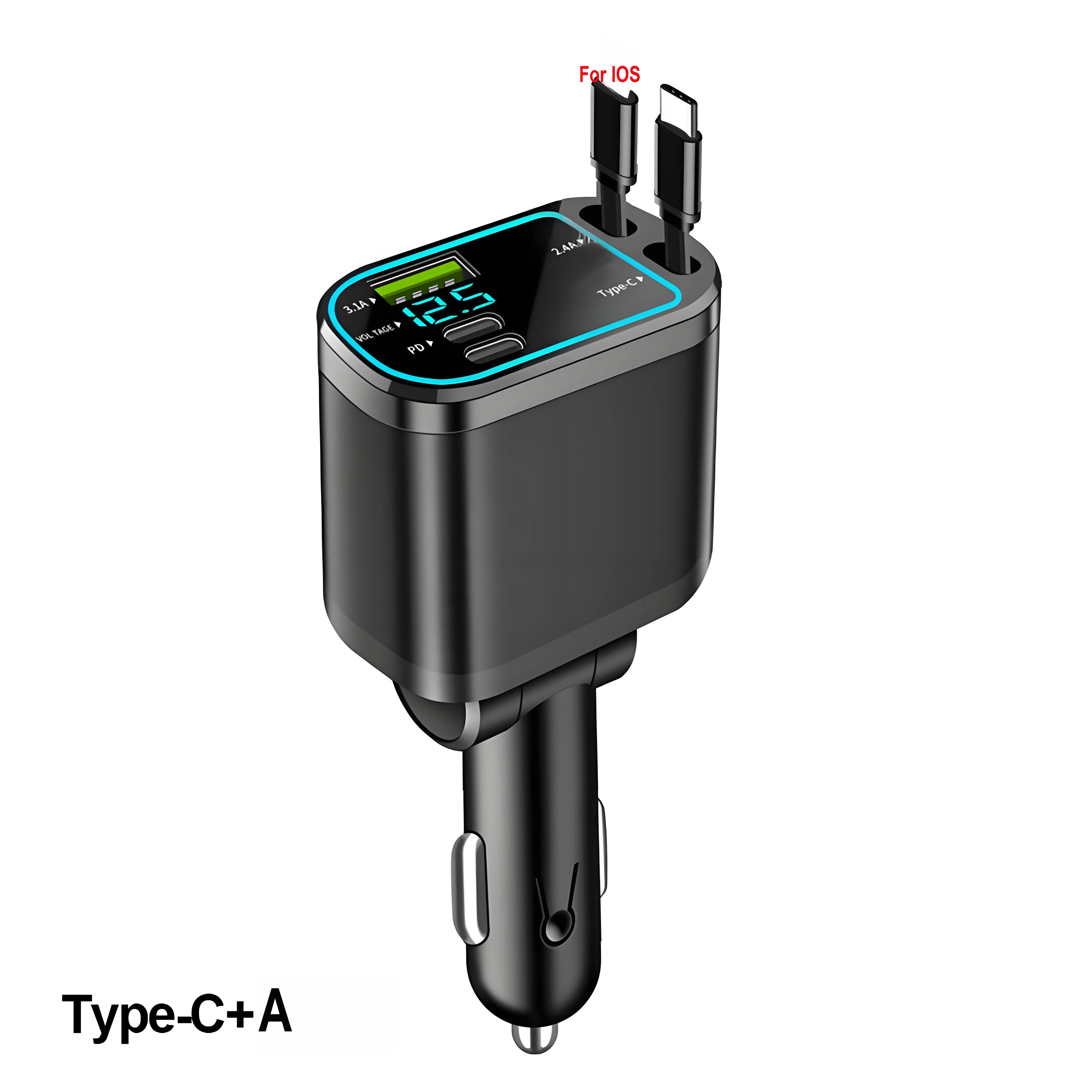 120W Retractable Car Charger with Roof Starlight – USB-C Fast Charger Cigarette Lighter Adapter for iPhone, Huawei & Samsung
