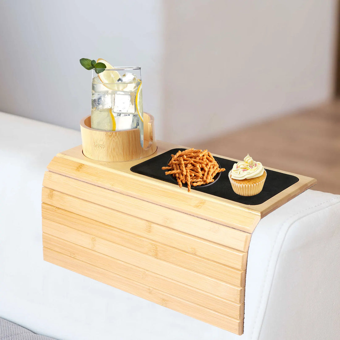 Bamboo Sofa Armrest Cup Holder Tray with Storage Organizer
