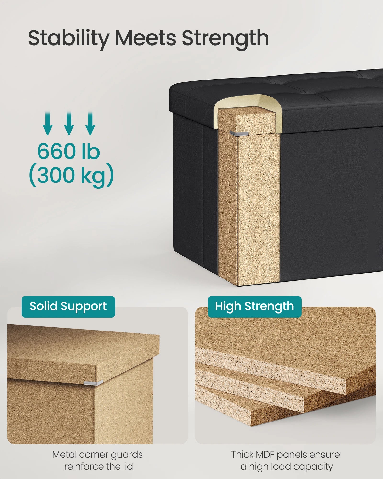 SONGMICS 43 Inches Folding Storage Ottoman Bench, Storage Chest, Footrest, Coffee Table, Padded Seat, Faux Leather