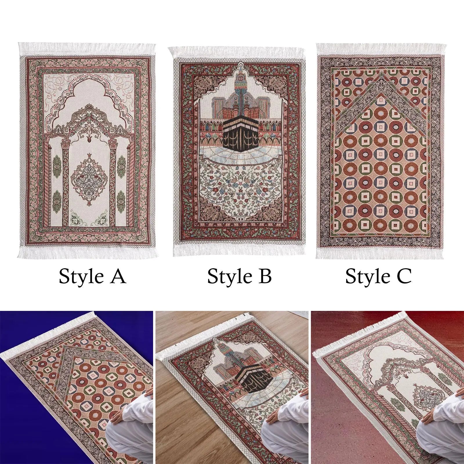 Muslim Mat Floor Carpet Thick Tassel Decor Rectangle Traditional Design Prayer Rug for Travel Temple Prayer Room Women Men