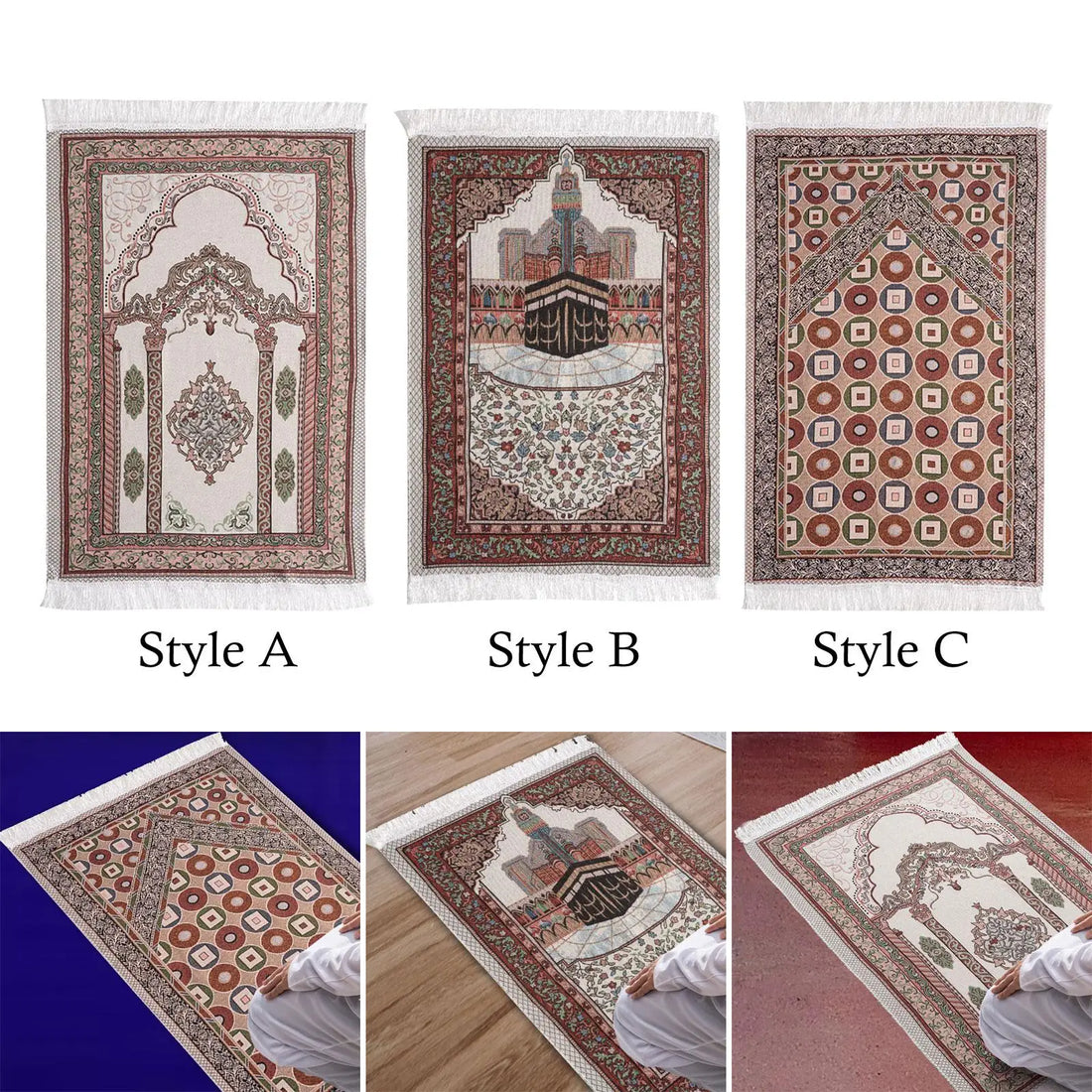 Muslim Mat Floor Carpet Thick Tassel Decor Rectangle Traditional Design Prayer Rug for Travel Temple Prayer Room Women Men