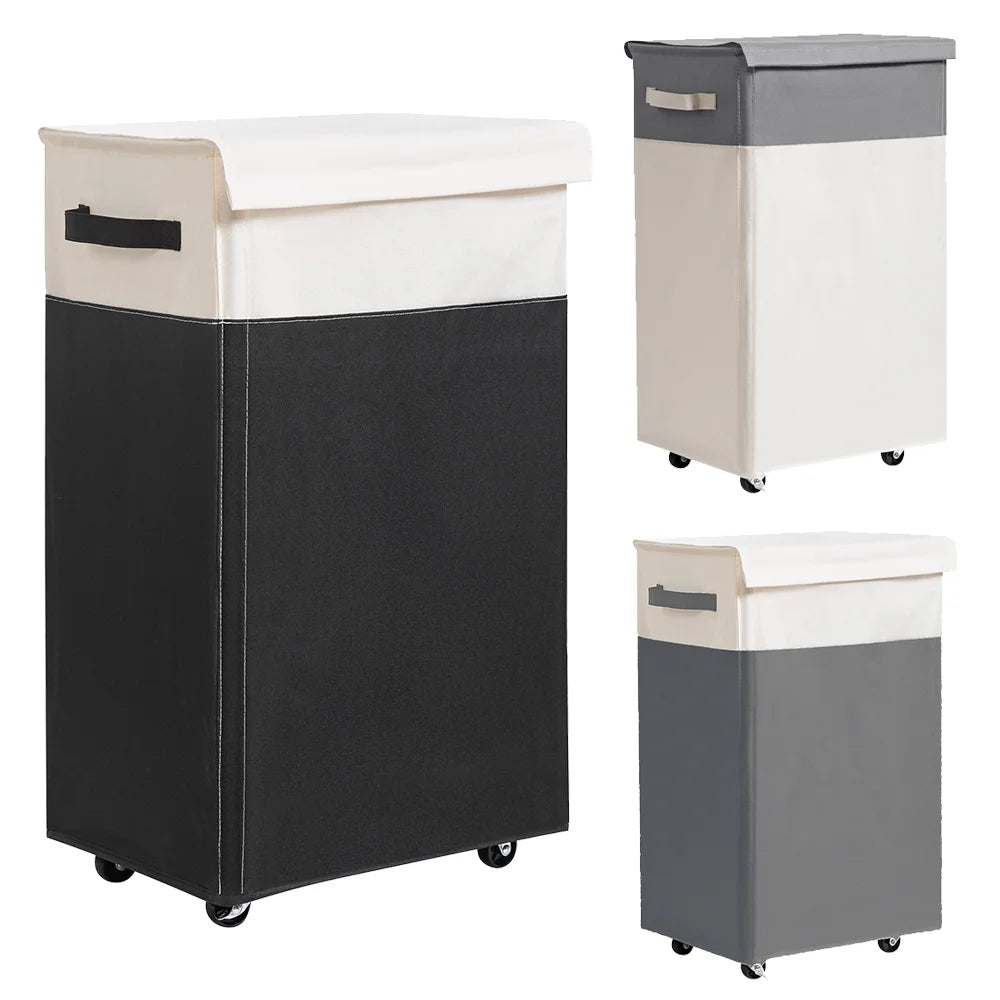 65L Wheeled Laundry Basket with Cover, Tall Oxford Fabric Hamper, Portable Foldable Clothes Organizer Bin