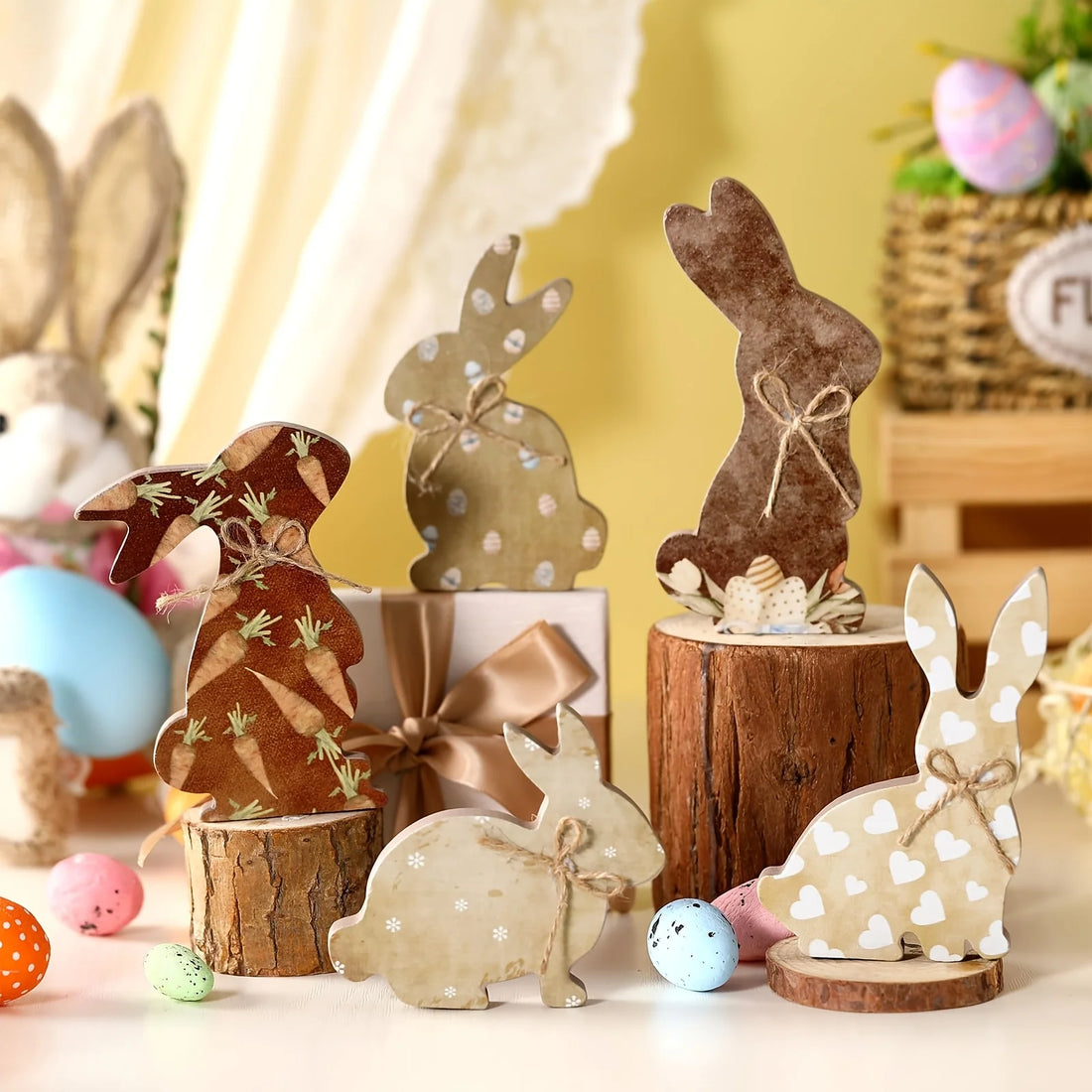 1-5pc Rustic Wooden Easter Bunny Signs Freestanding Rabbit Tabletop Ornament with Bow for Spring Party Home Decor Props Supplies
