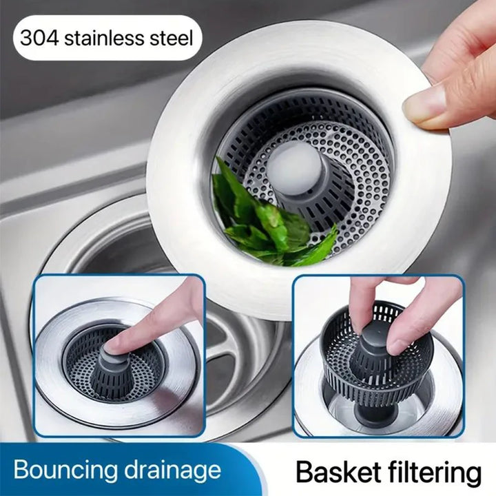 304 Stainless Steel Kitchen Sink Drain Plug – Press-Type Spring Core Filter with Anti-Clog Strainer