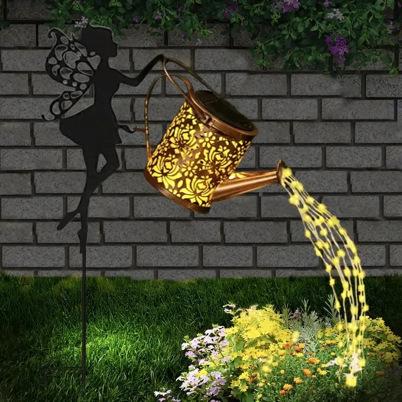 Solar Watering Can Garden Lights – Outdoor Waterfall String Fairy Lights with Kettle Projection
