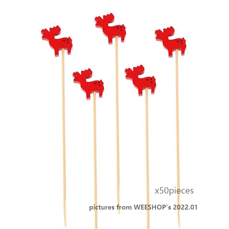 50/100pcs Christmas Fruit Sticks Disposable Bamboo Sticks Snowflake Christmas Tree Elk Santa Claus Snowman Sticks Xmas Ornaments