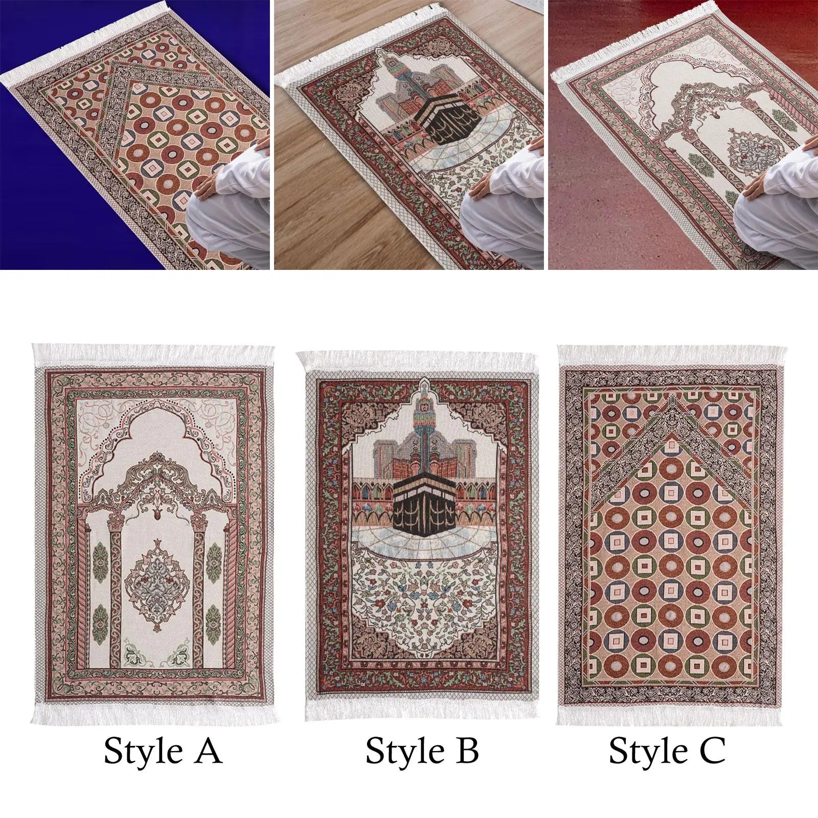 Muslim Mat Floor Carpet Thick Tassel Decor Rectangle Traditional Design Prayer Rug for Travel Temple Prayer Room Women Men