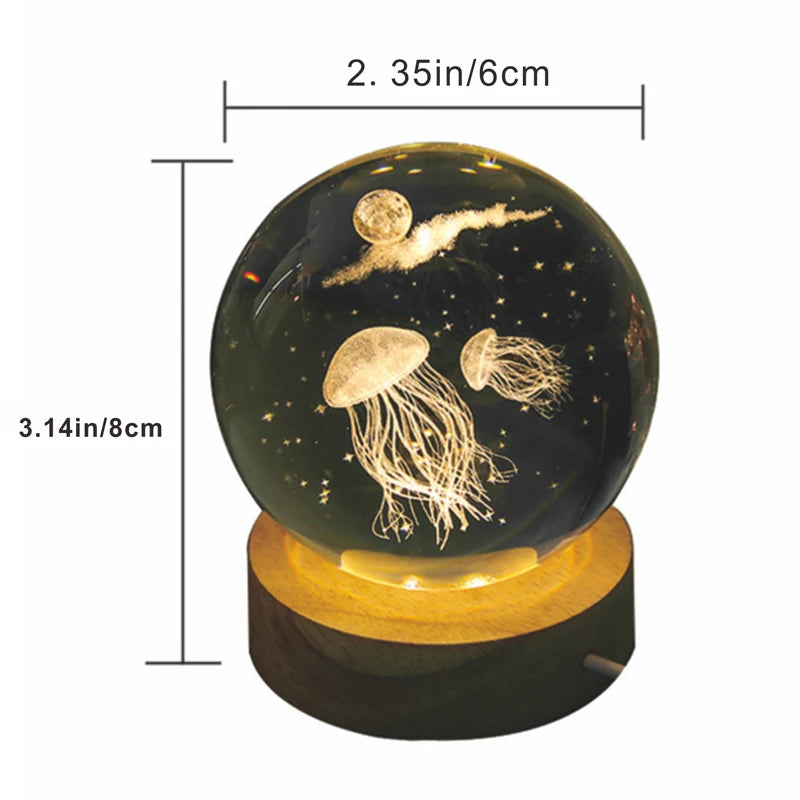 3D Jellyfish Laser engraved crystal ball LED night light,  birthday girlfriend classmate wife children christmas day gift