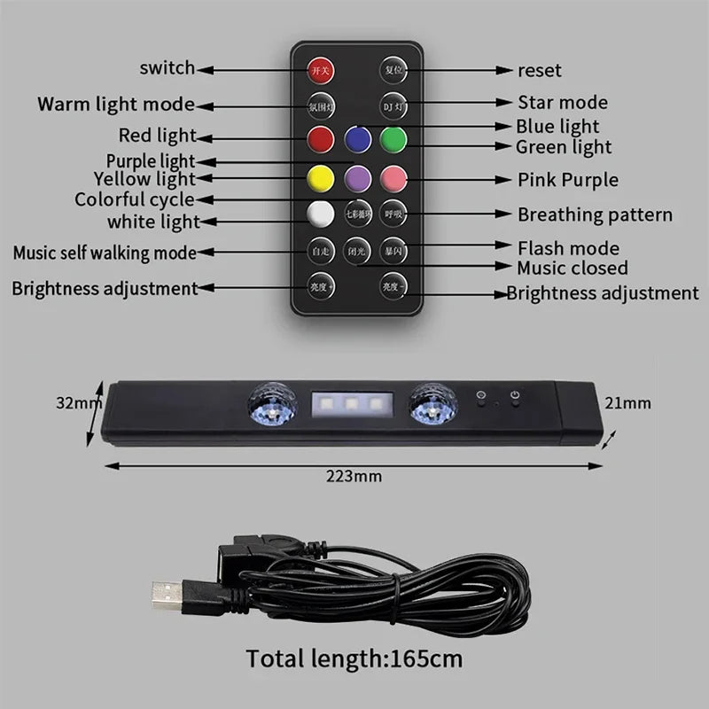 2-in-1 LED Car Starry Sky Atmosphere Lamp – USB RGB Roof Star Light with Remote & Wireless Ambient Party Light