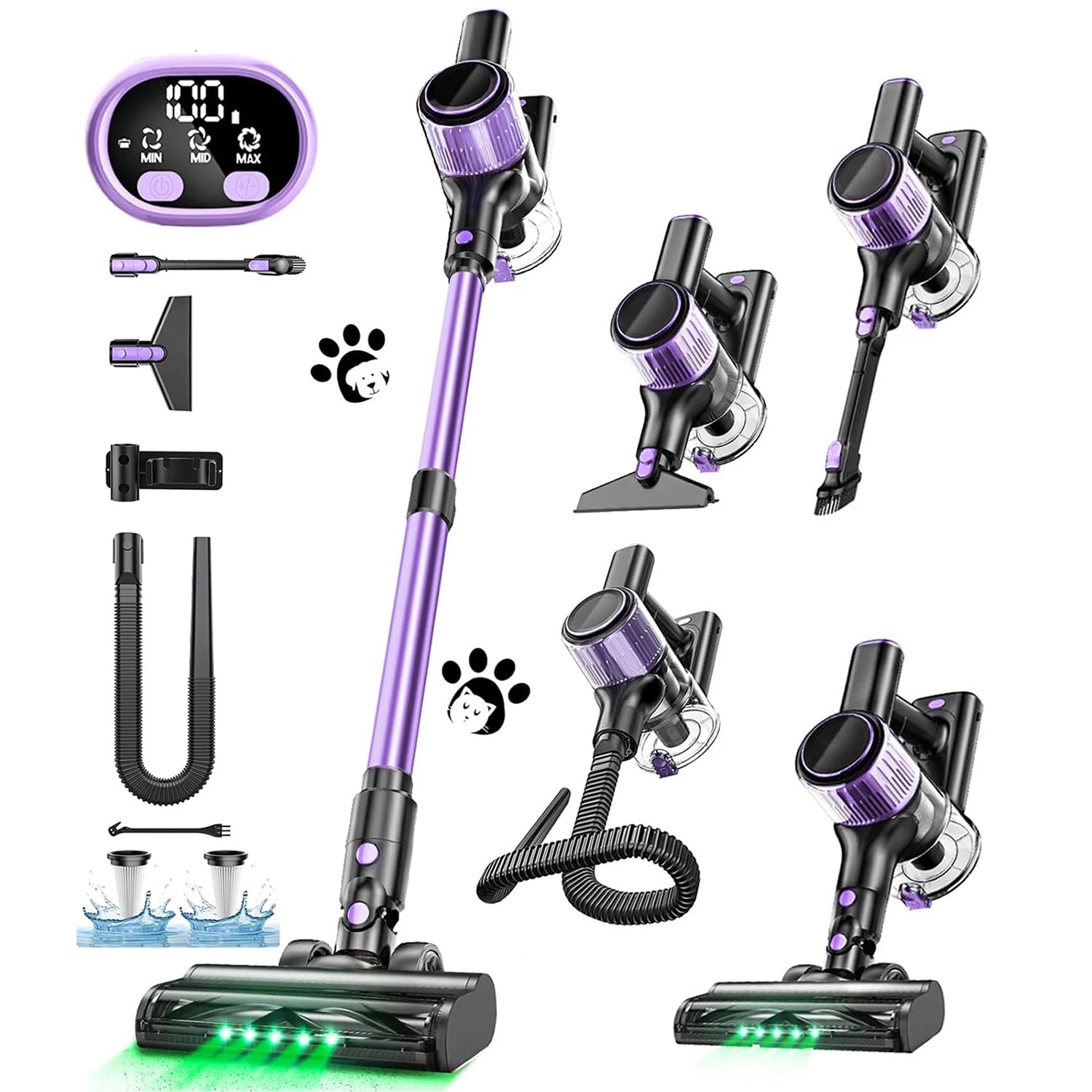 SUXIANGVAC Cordless Stick Vacuum Cleaner – 55Kpa / 500W / 45min, 10-in-1 with Green LED, Anti-Tangle Brush for Pet Hair, Hard Floors & Carpet