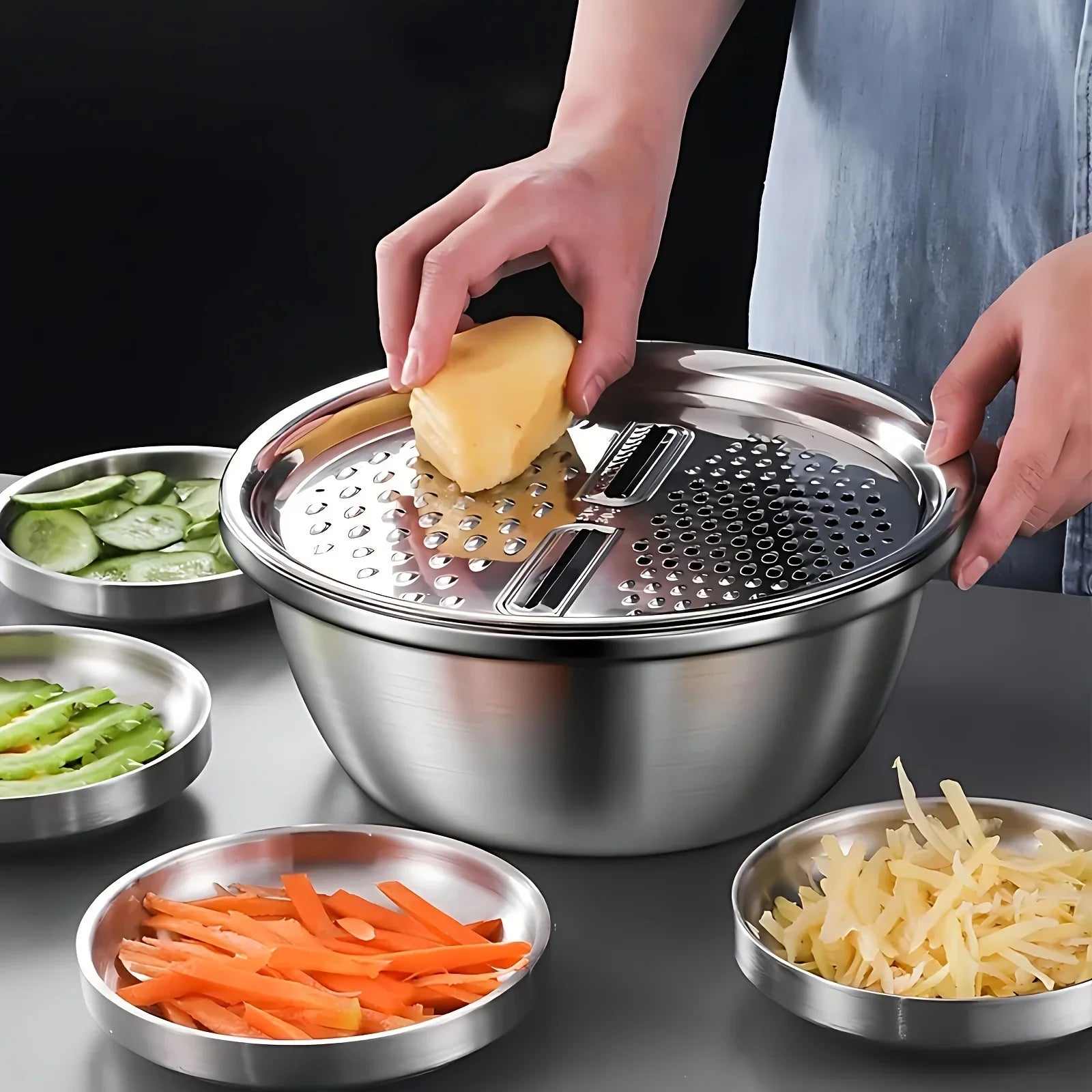 3-Piece Vegetable Slicer Set – Stainless Steel Slicer, Potato Grater & Washing Basin Drain Basket