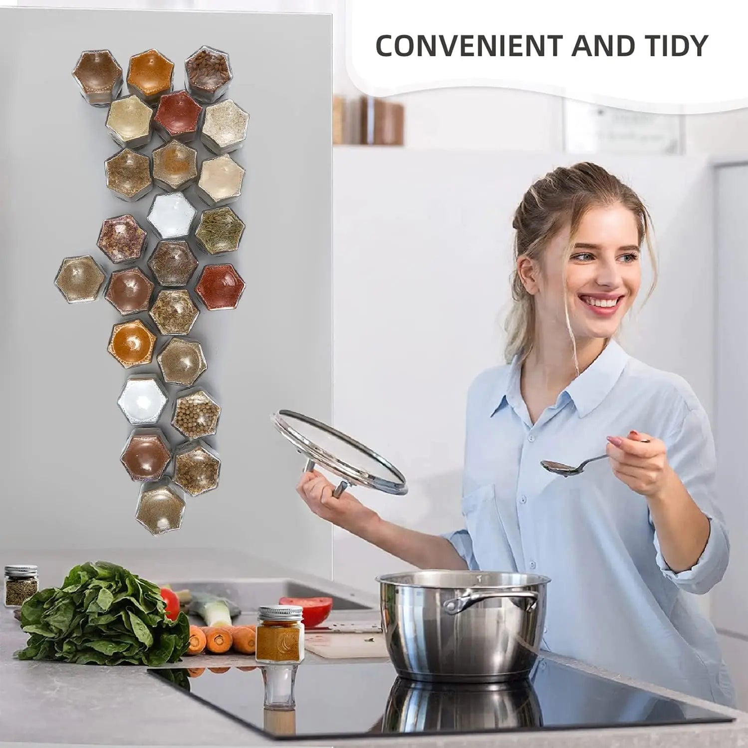 24 Hexagon Magnetic Glass Spice Jars with Shaker Lids and Labels for Kitchen, Fridge, RV