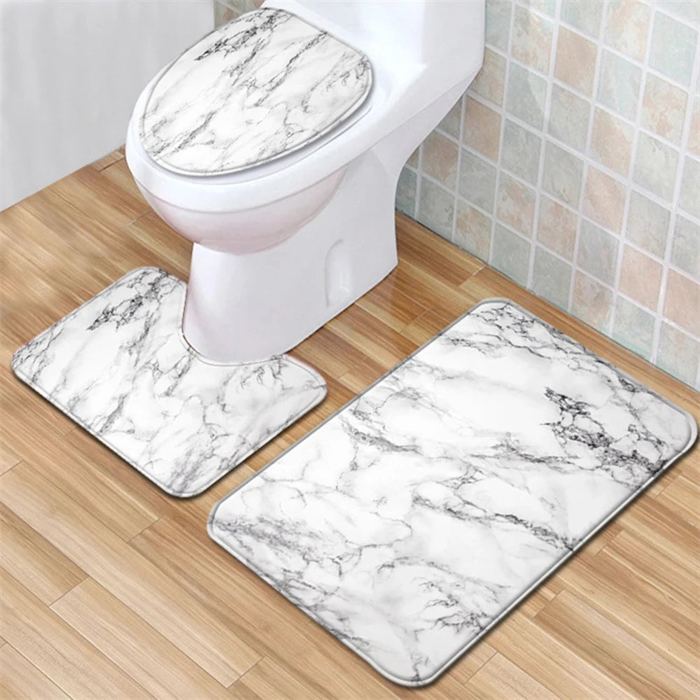 3pcs Marble Pattern Bath Mats Anti Slip Bathroom Mat Set Washable Toilet Seat Lid Cover Pedestal Rug Set Home Decor