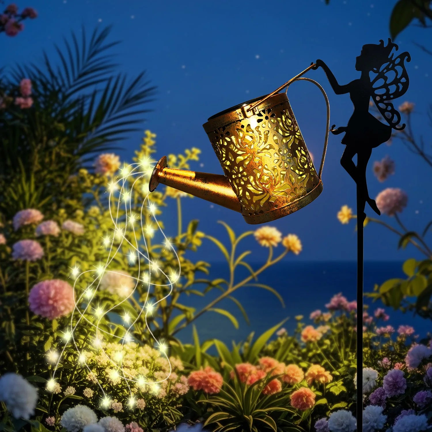 Solar Watering Can Garden Lights – Outdoor Waterfall String Fairy Lights with Kettle Projection