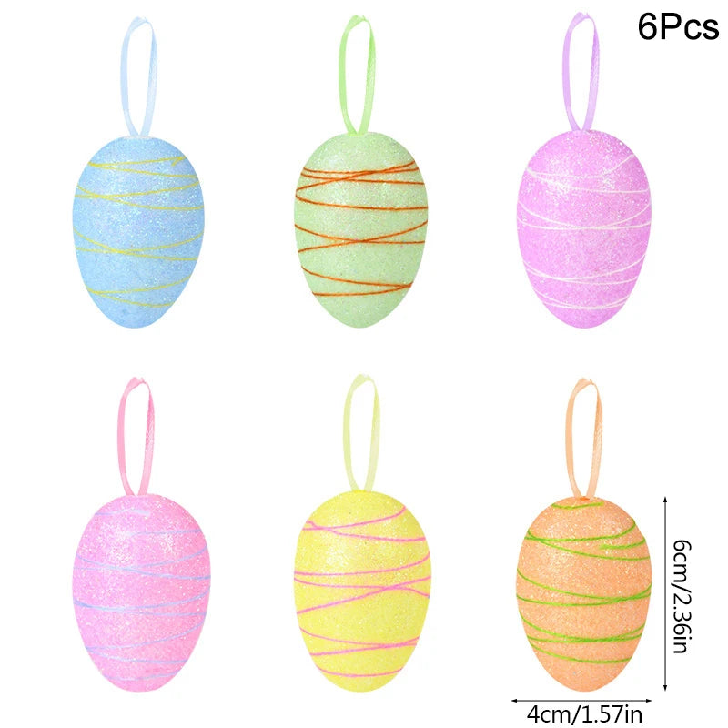 24/6pcs Painted Foam Easter Eggs Rabbit Hanging Ornaments Decoration for Home Easter Tree Pendants Basket Decor Kids Gift 2025