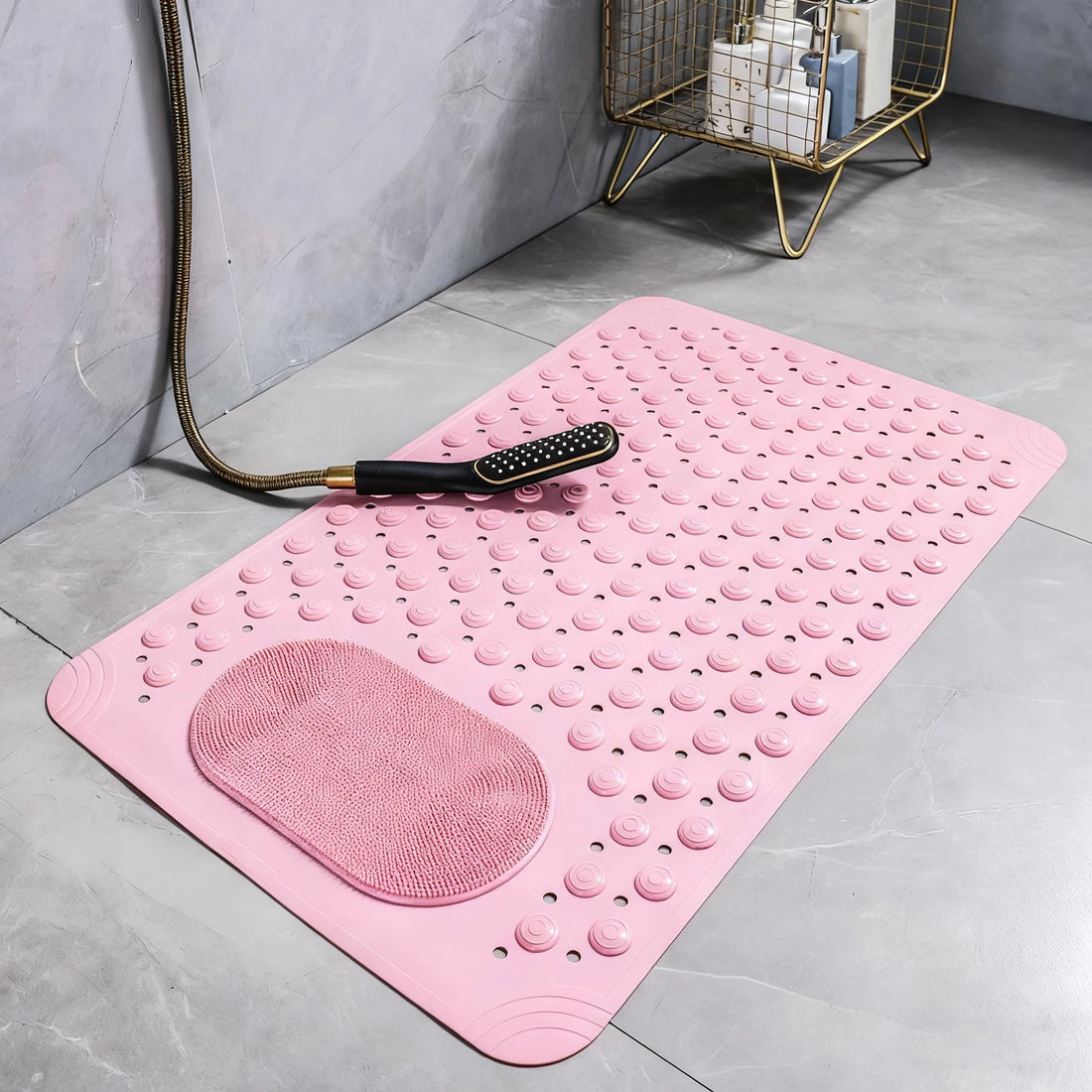 Non-Slip Massage Bath Mat – TPR Shower Rug with 145 Suction Cups, Drain Holes & Foot Scrubber