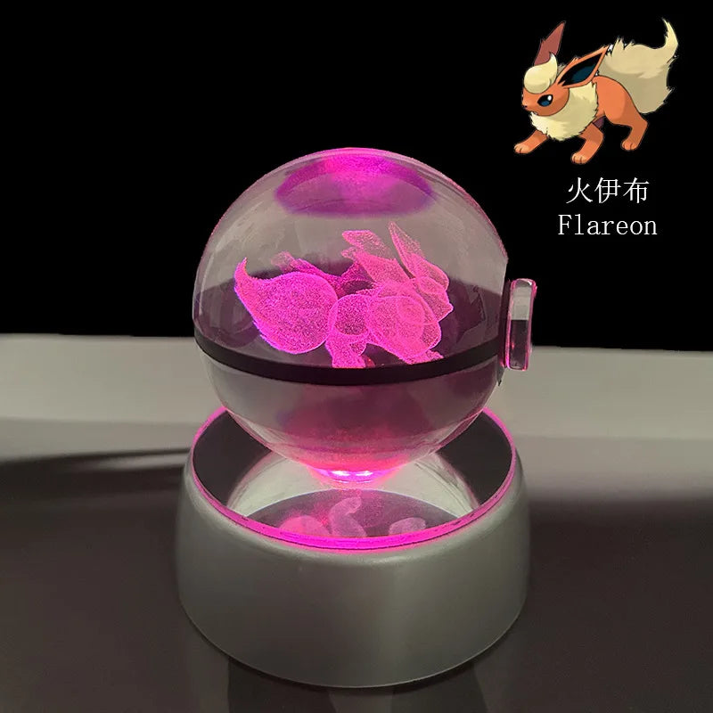 Pokemon 3D Crystal Ball Pikachu Gengar Eevee Mewtwo Anime Game Pokeball Led Night Light Base Kids Birthday Gift Home Decoration