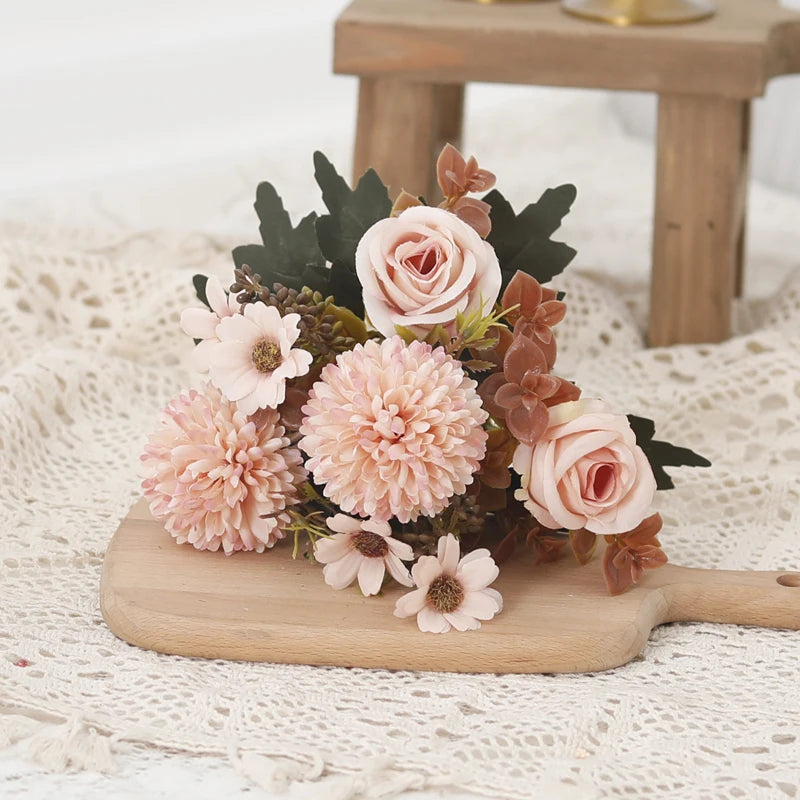 Rose Artificial Dandelion Flowers Bridal Bouquet Fake Floral Garden Wedding Party Living Room Home Table Autumn Christmas Decor