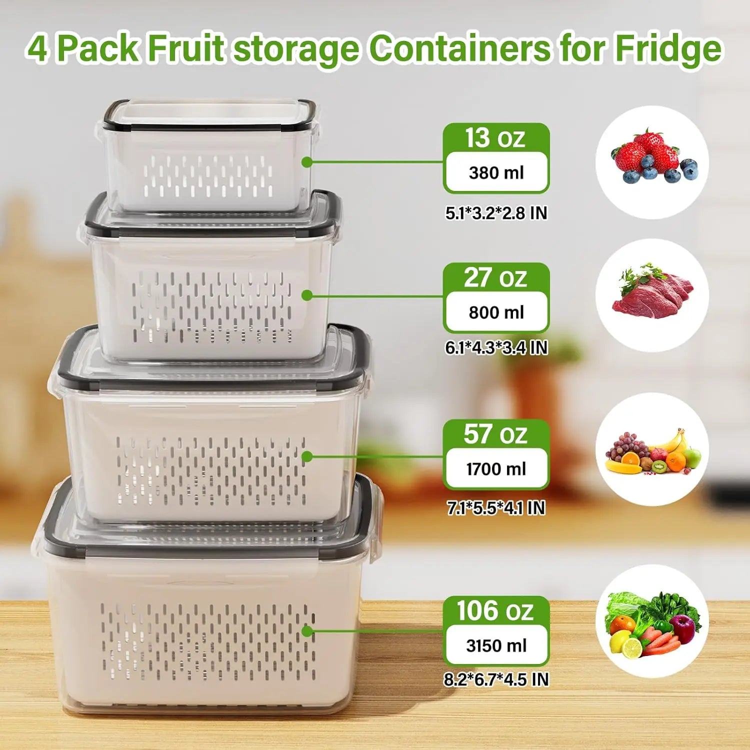 Fridge Fruit Storage Containers with Strainer Washing Bowl for Salad & Berries