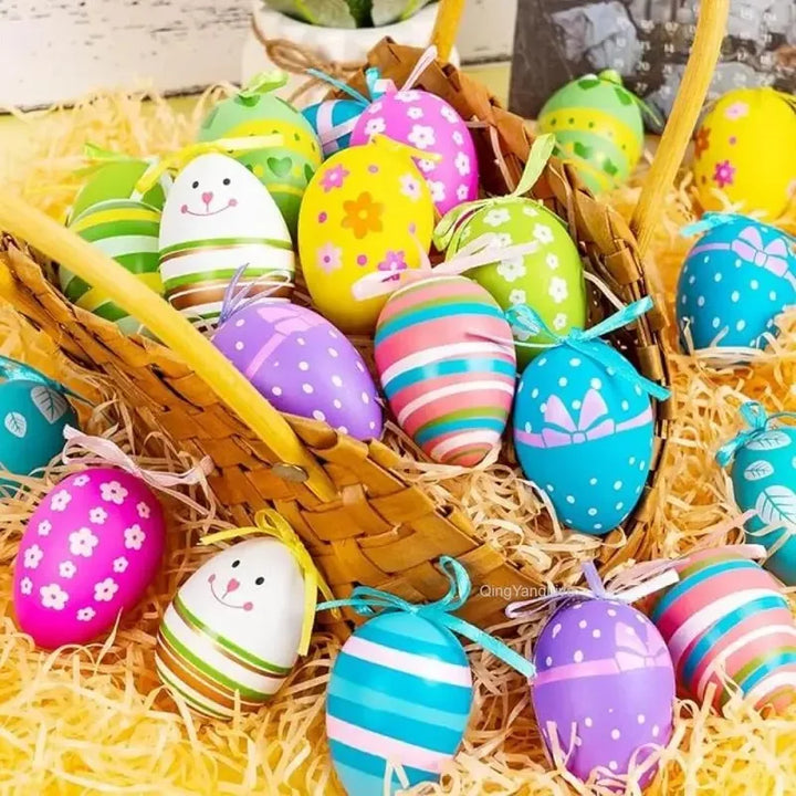 12Pcs Colorful Easter Eggs Hanging Pendant Ornament Rabbit Painting Egg Decor Happy Easter Party Decoration Home Kid Gifts 2025