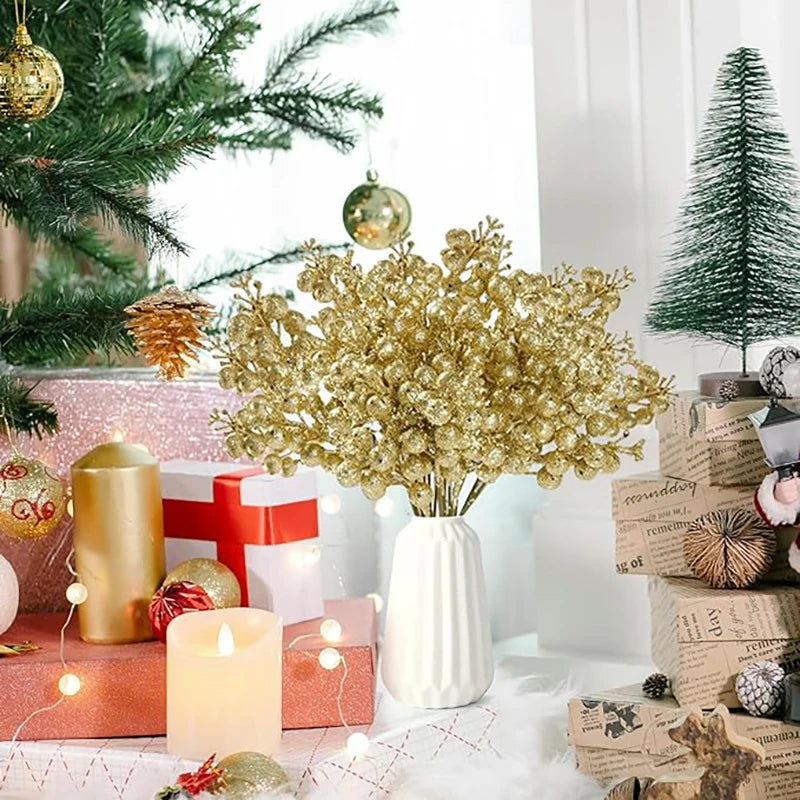 10Pcs Christmas Decoration Artificial 15heads Sparkling Berry Bouquet Xmas Tree Ornaments for Home Decor New Year Party Supplies