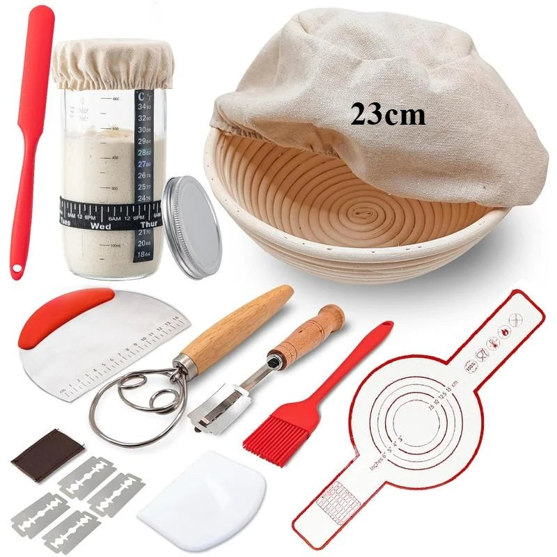 19PC Professional Complete Sourdough Starter Kit Banneton Bread Proofing Basket with Glass Sourdough Starter Jar for Home Baking
