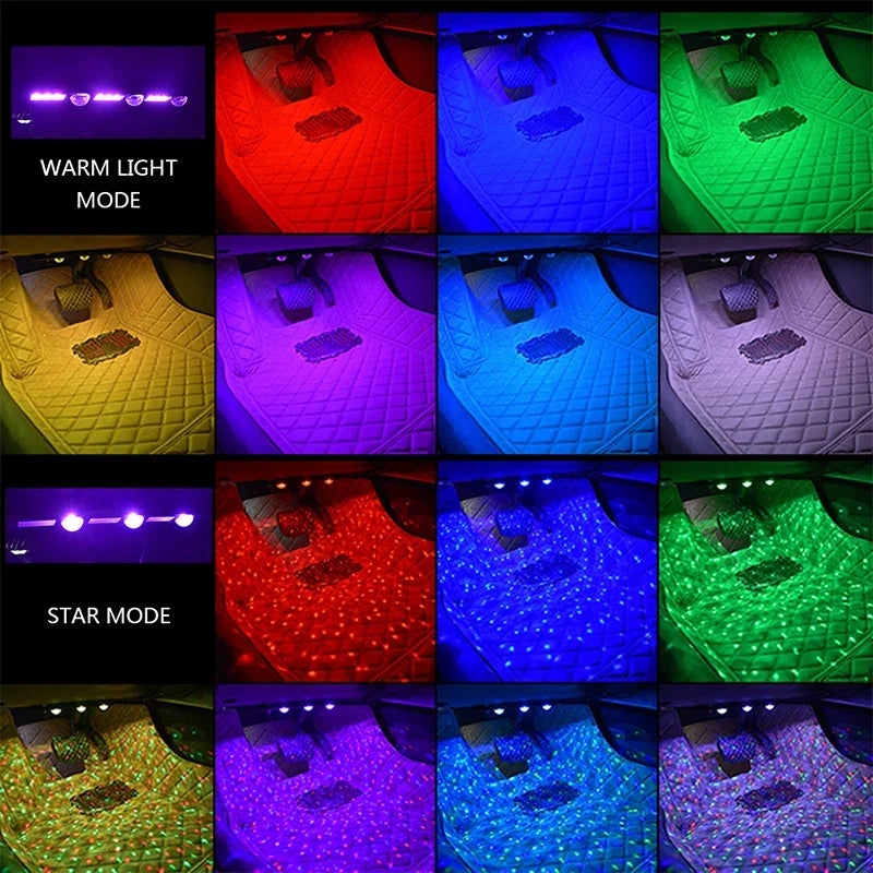 2-in-1 LED Car Starry Sky Atmosphere Lamp – USB RGB Roof Star Light with Remote & Wireless Ambient Party Light