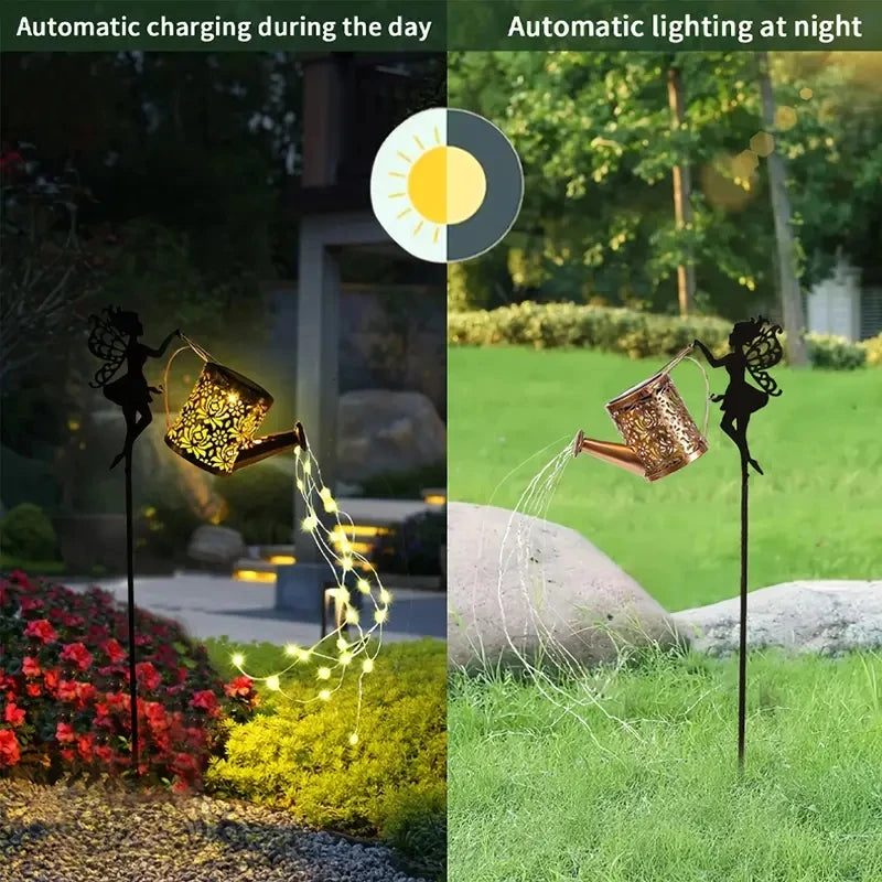 Solar Watering Can Garden Lights – Outdoor Waterfall String Fairy Lights with Kettle Projection