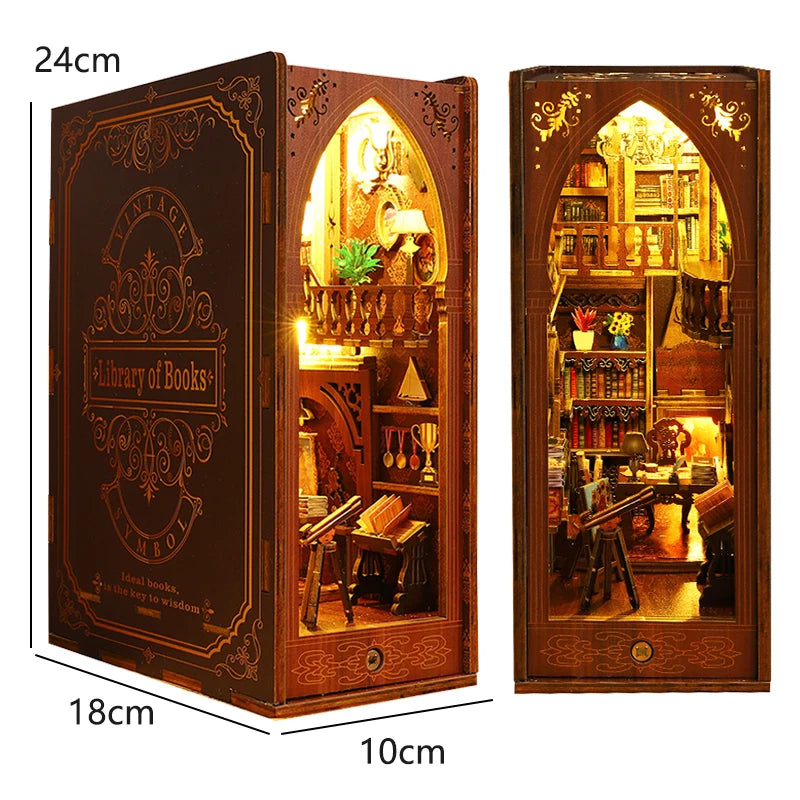 DIY Book Nook Kit Bookend Kit Wooden Doll House Bookshelf Insert Decor With Warm Light 3D Puzzle Assembly Building Model Gifts