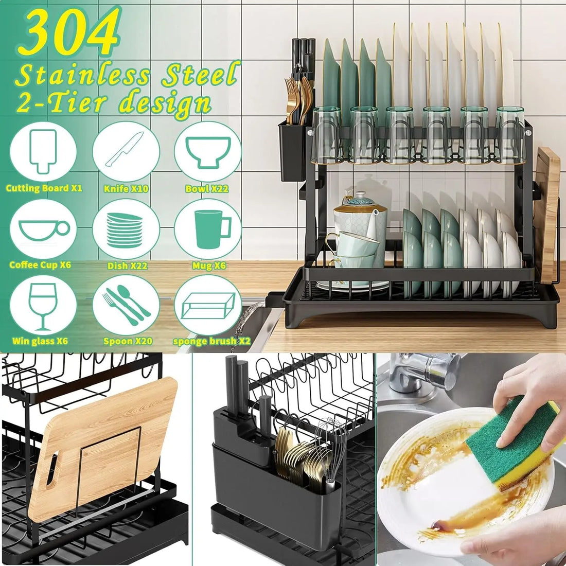 2-Tier Kitchen Dish Drying Rack – Countertop Dish Drainer with Drip Tray