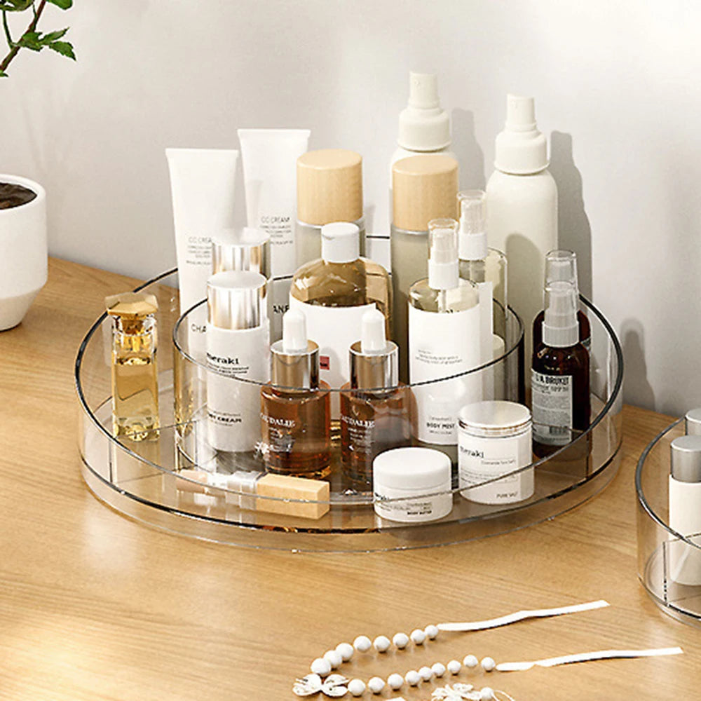 360° Rotating Desktop Cosmetic Storage Box – Acrylic Transparent Skincare Product Tray & Shelf