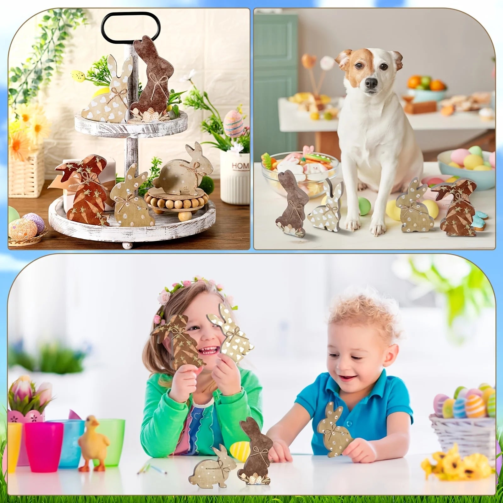 1-5pc Rustic Wooden Easter Bunny Signs Freestanding Rabbit Tabletop Ornament with Bow for Spring Party Home Decor Props Supplies