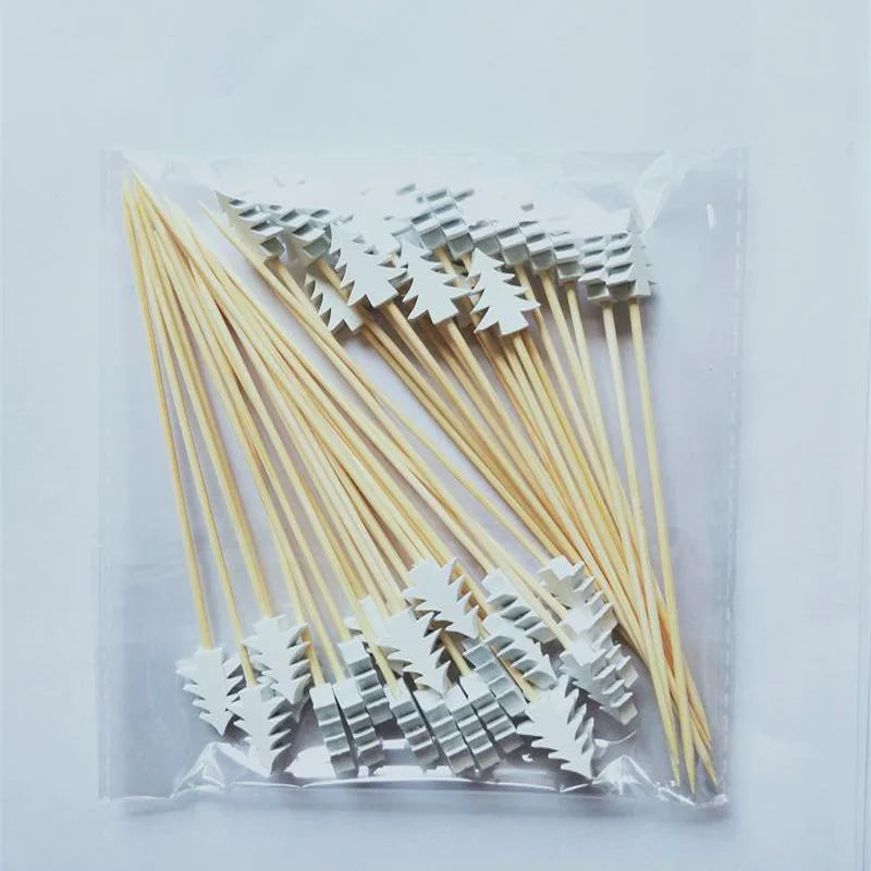 50/100pcs Christmas Fruit Sticks Disposable Bamboo Sticks Snowflake Christmas Tree Elk Santa Claus Snowman Sticks Xmas Ornaments