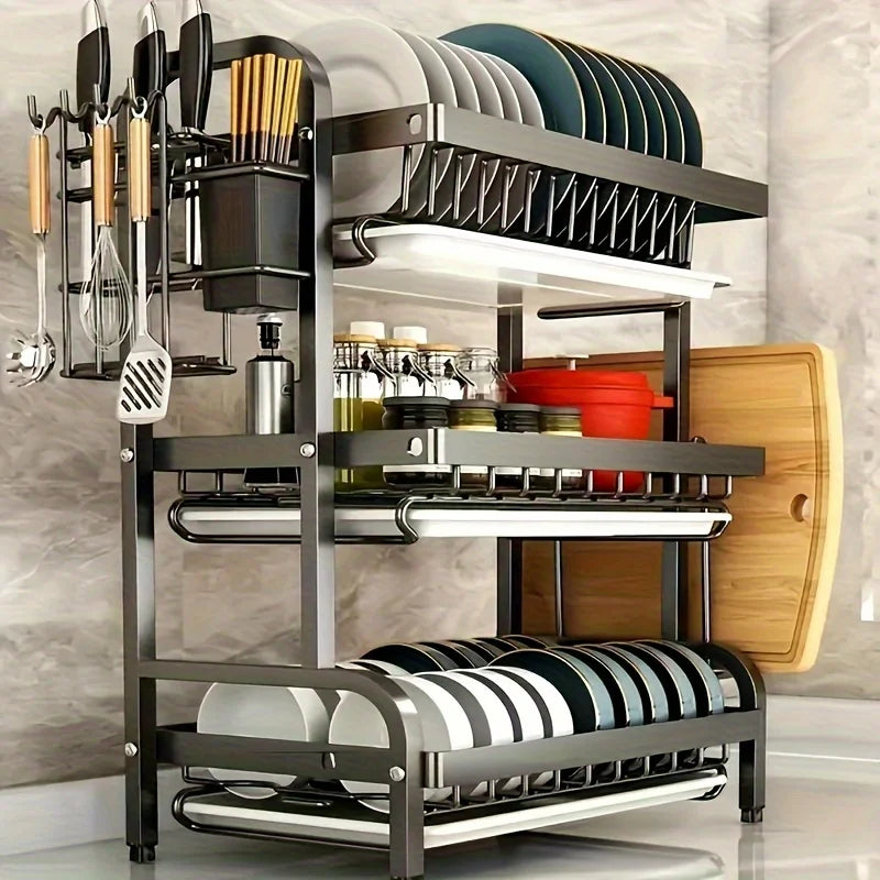 3-Tier Space-Saving Dish Rack with Large Capacity Utensil Storage