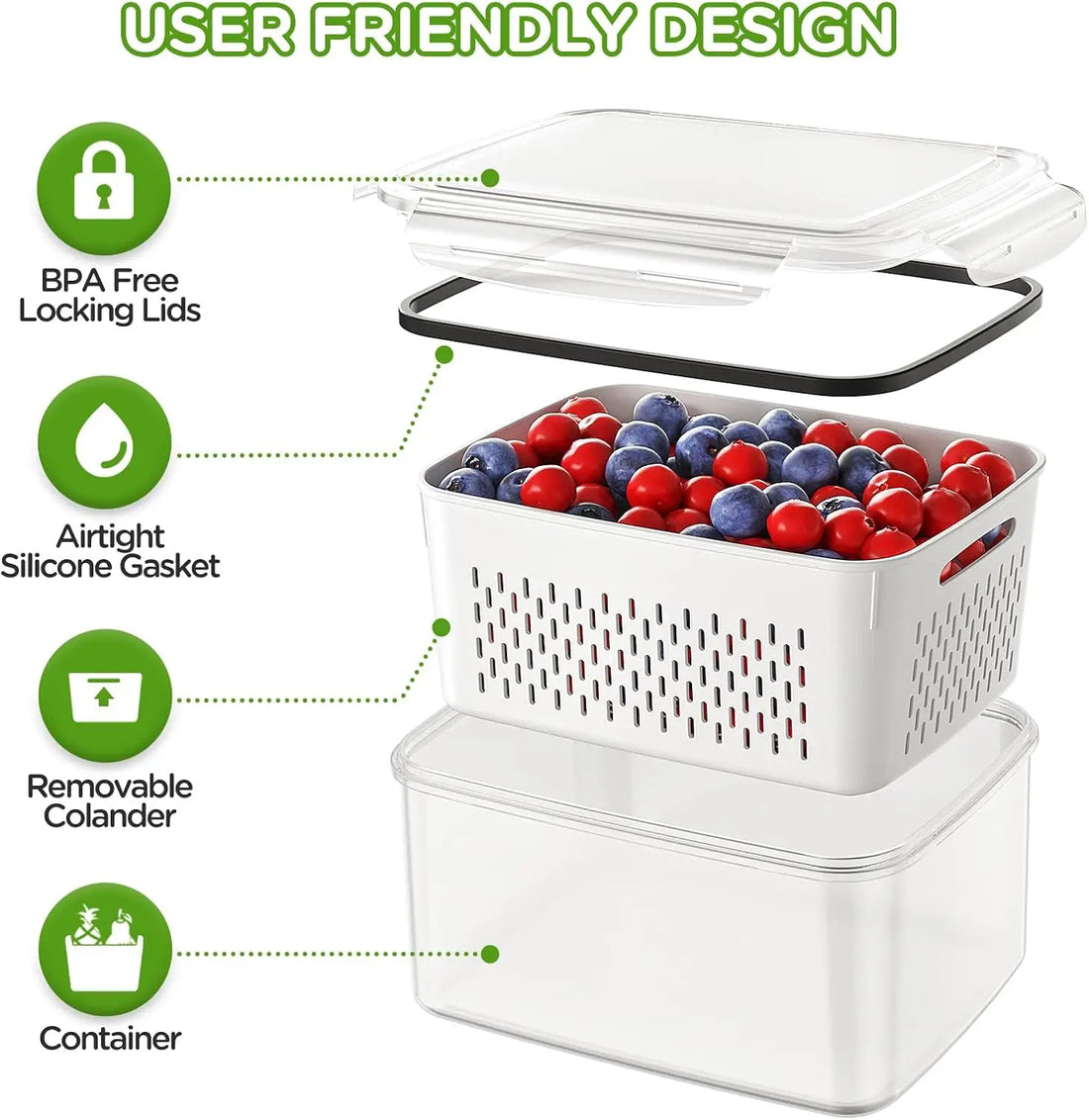 Fridge Fruit Storage Containers with Strainer Washing Bowl for Salad & Berries