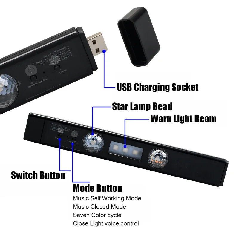 2-in-1 LED Car Starry Sky Atmosphere Lamp – USB RGB Roof Star Light with Remote & Wireless Ambient Party Light